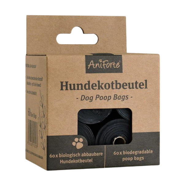 Braune Verpackung mit Sichtfenster, darauf steht 'AniForte Hundekotbeutel - Dog Poop Bags' und '60 x biologisch abbaubare Hundekotbeutel'