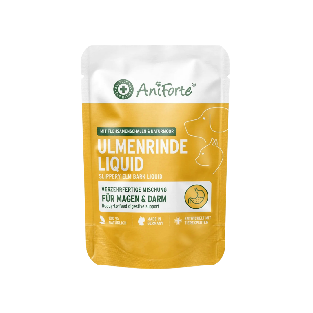 Verpackung von Aniforte Ulmenrinde Liquid mit Texten zu Inhaltsstoffen und Verwendungszweck für Magen und Darm bei Hunden und Katzen