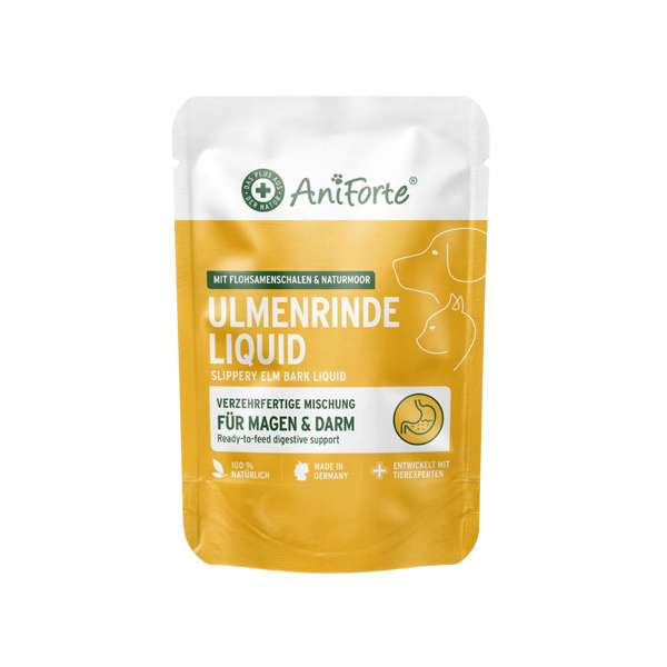 Verpackung von Aniforte Ulmenrinde Liquid mit Texten zu Inhaltsstoffen und Verwendungszweck für Magen und Darm bei Hunden und Katzen
