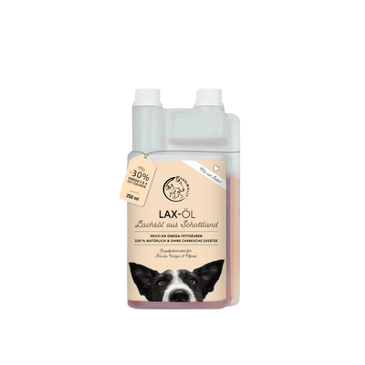Flasche mit Lachsöl für Hunde mit Etikett und Hundegesicht