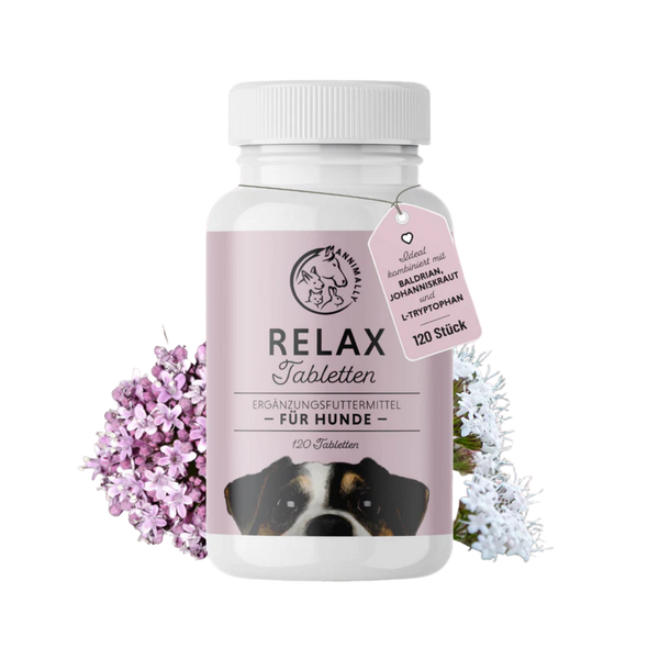 Runde, weiße Flasche mit Schraubverschluss, etikettiert mit 'RELAX Tabletten', enthält 120 Kapseln für Hunde. Abgebildet ist ein Hundekopf auf dem Etikett.
