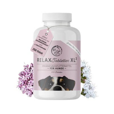 Runde, weiße Flasche mit Schraubverschluss, etikettiert mit 'RELAX Tabletten XL', enthält 250 Kapseln für Hunde. Abgebildet ist ein Hundekopf auf dem Etikett.