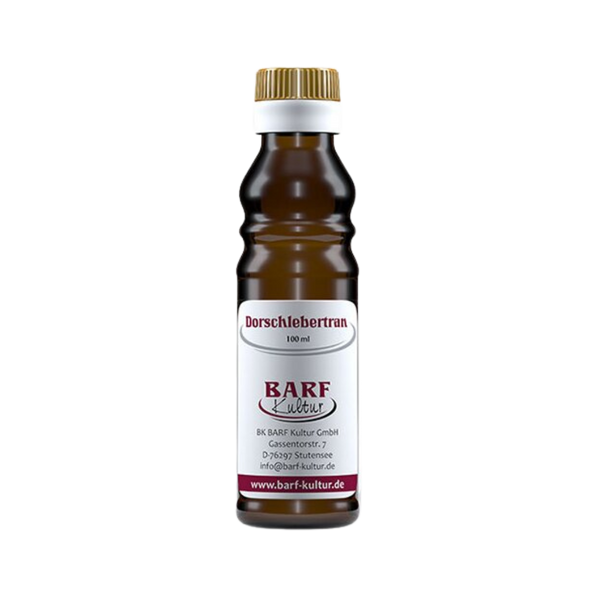Braune Flasche mit goldfarbenem Schraubverschluss, beschriftet mit 'Dorschlebertran 100 ml' und 'BARF Kultur'.