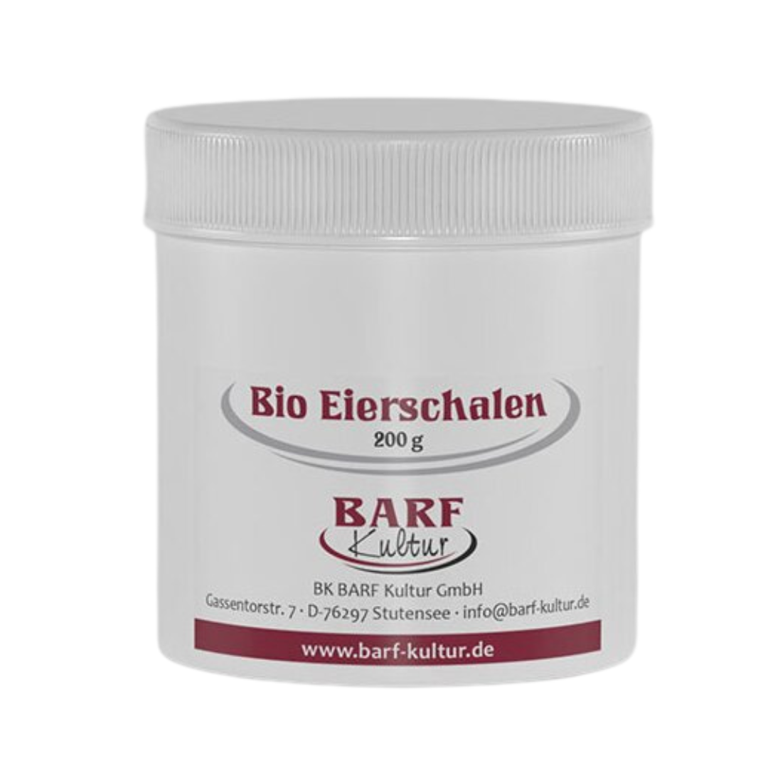 Runder, weißer Kunststoffbehälter mit Schraubverschluss. Auf dem Etikett steht 'Bio Eierschalen 200 g' und 'BARF Kultur'.