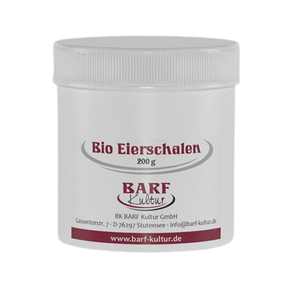 Runder, weißer Kunststoffbehälter mit Schraubverschluss. Auf dem Etikett steht 'Bio Eierschalen 200 g' und 'BARF Kultur'.
