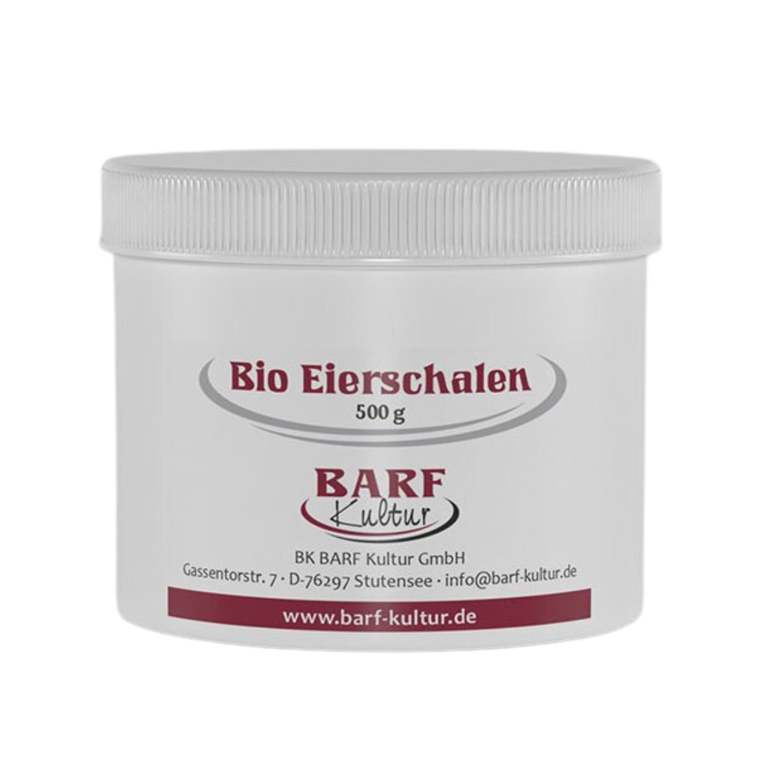 Runder, weißer Kunststoffbehälter mit Schraubverschluss. Auf dem Etikett steht 'Bio Eierschalen 500 g' und 'BARF Kultur'.