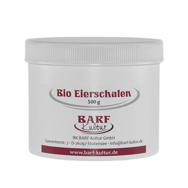 Runder, weißer Kunststoffbehälter mit Schraubverschluss. Auf dem Etikett steht 'Bio Eierschalen 500 g' und 'BARF Kultur'.