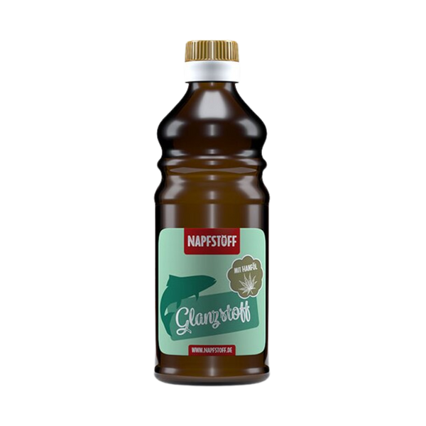 Braune Flasche mit goldfarbenem Deckel, beschriftet mit 'NAPFSTOFF Glanzstoff' und einem grünen Symbol eines Tieres. Inhalt 250 ml.