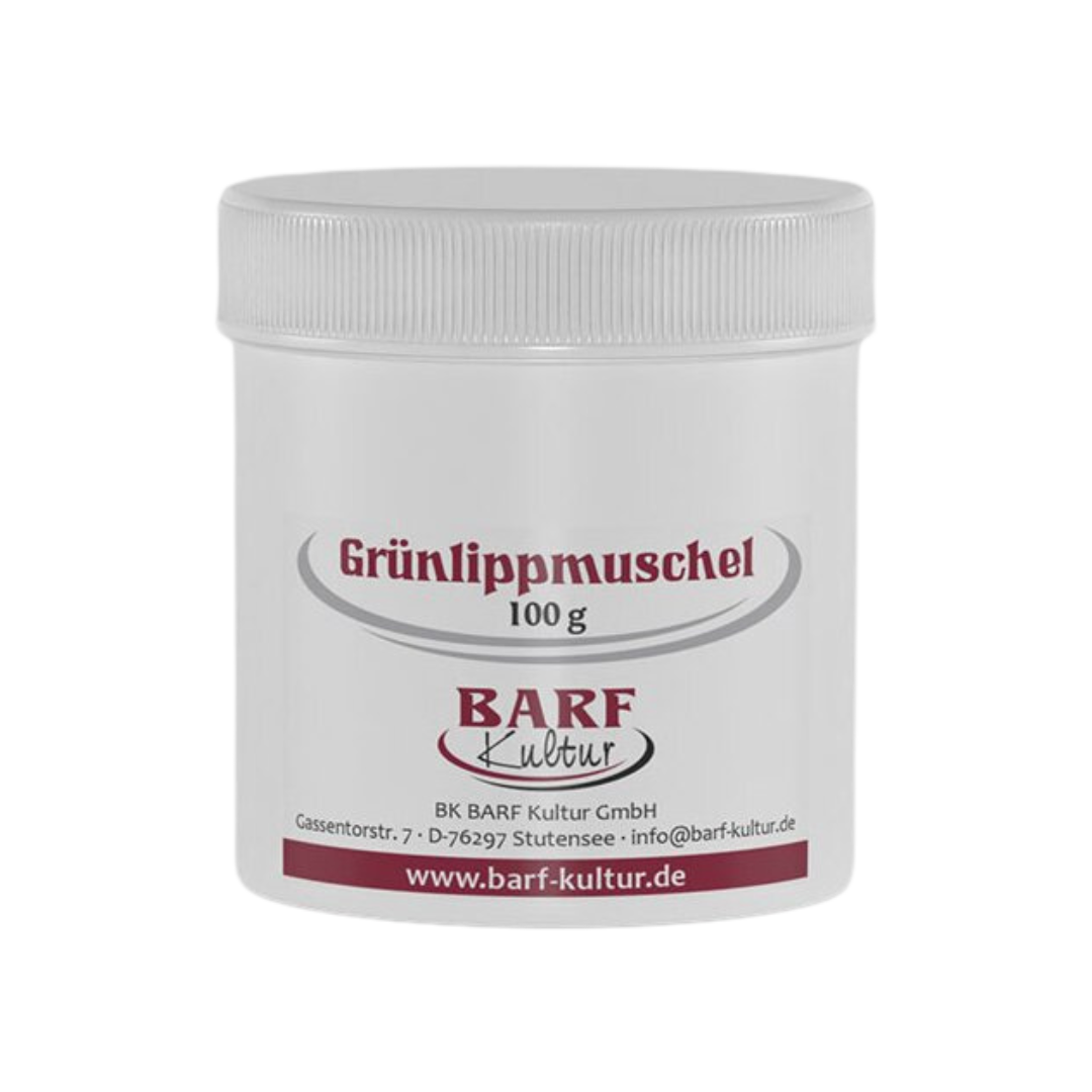 Runder Behälter mit weißem Deckel, beschriftet mit 'Grünlippmuschel 100 g' und dem Logo 'BARF Kultur'.