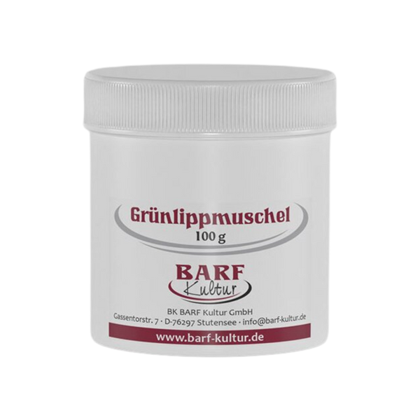 Runder Behälter mit weißem Deckel, beschriftet mit 'Grünlippmuschel 100 g' und dem Logo 'BARF Kultur'.
