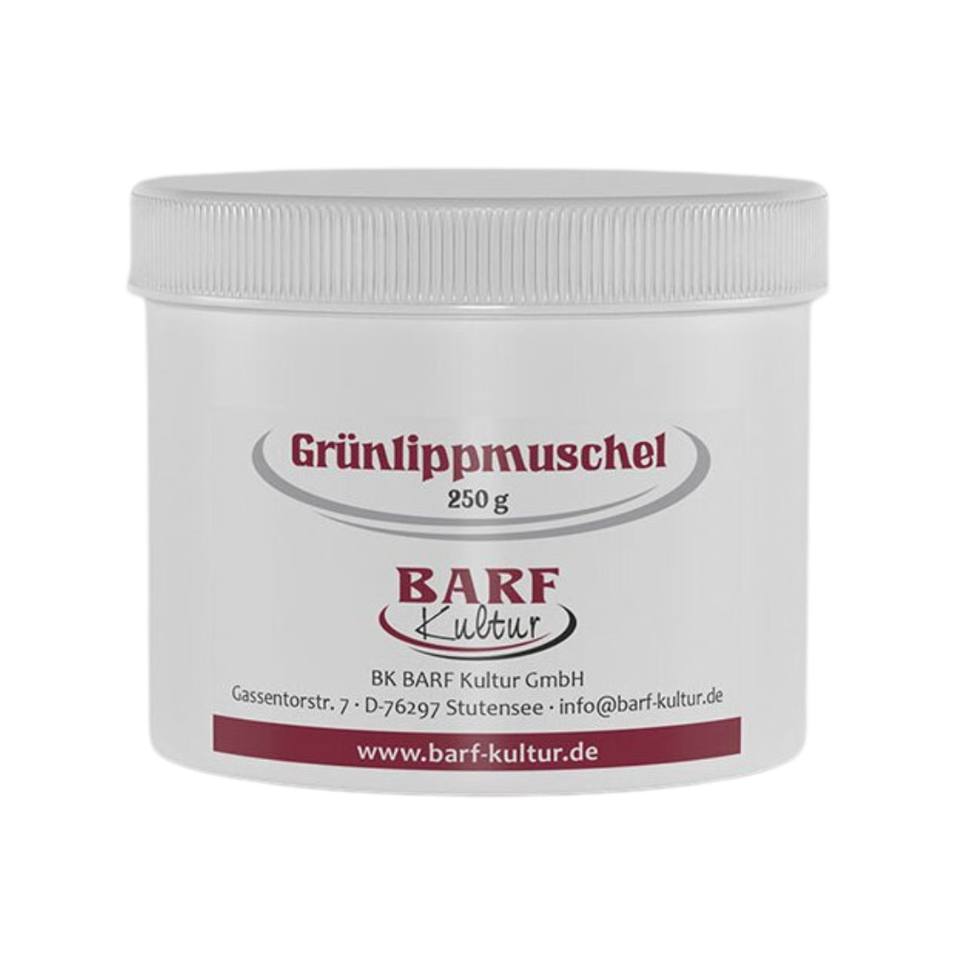 Runder Behälter mit weißem Deckel, beschriftet mit 'Grünlippmuschel 250 g' und dem Logo 'BARF Kultur'.