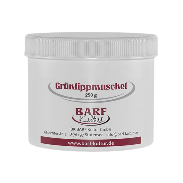Runder Behälter mit weißem Deckel, beschriftet mit 'Grünlippmuschel 250 g' und dem Logo 'BARF Kultur'.