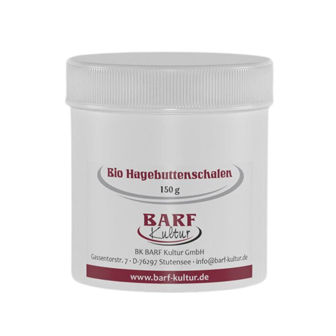 Runder, weißer Kunststoffbehälter mit Schraubdeckel, beschriftet mit 'Bio Hagebuttenschalen 150 g' und dem Logo 'BARF Kultur'.