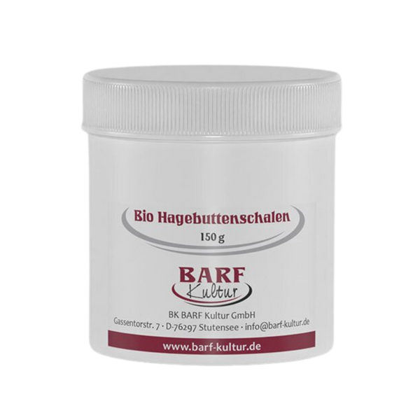 Runder, weißer Kunststoffbehälter mit Schraubdeckel, beschriftet mit 'Bio Hagebuttenschalen 150 g' und dem Logo 'BARF Kultur'.