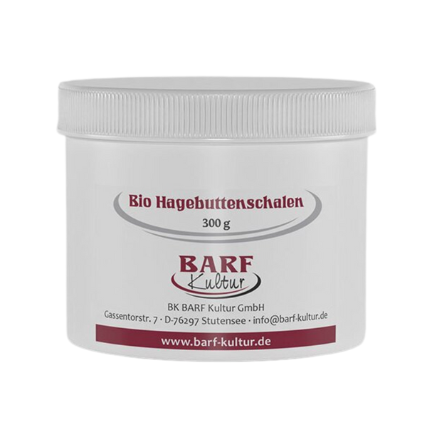 Runder, weißer Kunststoffbehälter mit Schraubdeckel, beschriftet mit 'Bio Hagebuttenschalen 300 g' und dem Logo 'BARF Kultur'.