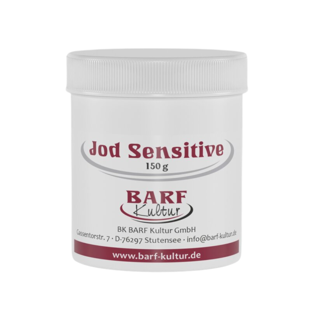 Runder Behälter mit weißem Deckel, beschriftet mit 'jod-sensitiv 150 g' und dem Logo 'BARF Kultur'.