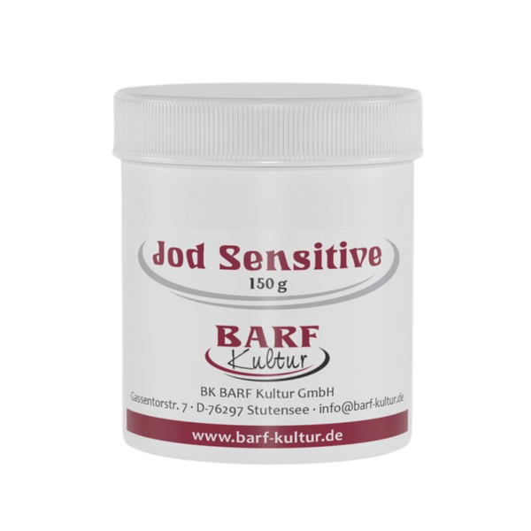 Runder Behälter mit weißem Deckel, beschriftet mit 'jod-sensitiv 150 g' und dem Logo 'BARF Kultur'.