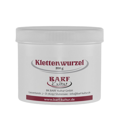Runder Behälter mit weißem Deckel, beschriftet mit 'Klettenwurzel 200 g' und dem Logo 'BARF Kultur'.