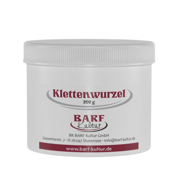 Runder Behälter mit weißem Deckel, beschriftet mit 'Klettenwurzel 200 g' und dem Logo 'BARF Kultur'.
