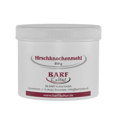 Runder Behälter mit weißem Deckel, beschriftet mit 'Hirschknochenmehl 250 g' und dem Logo 'BARF Kultur'.