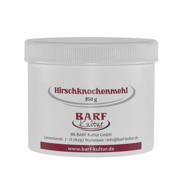 Runder Behälter mit weißem Deckel, beschriftet mit 'Hirschknochenmehl 250 g' und dem Logo 'BARF Kultur'.