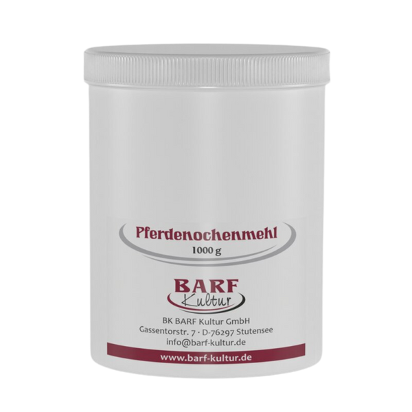 Runder Behälter mit weißem Deckel, beschriftet mit 'Pferdeknochenmehl 1000 g' und dem Logo 'BARF Kultur'.