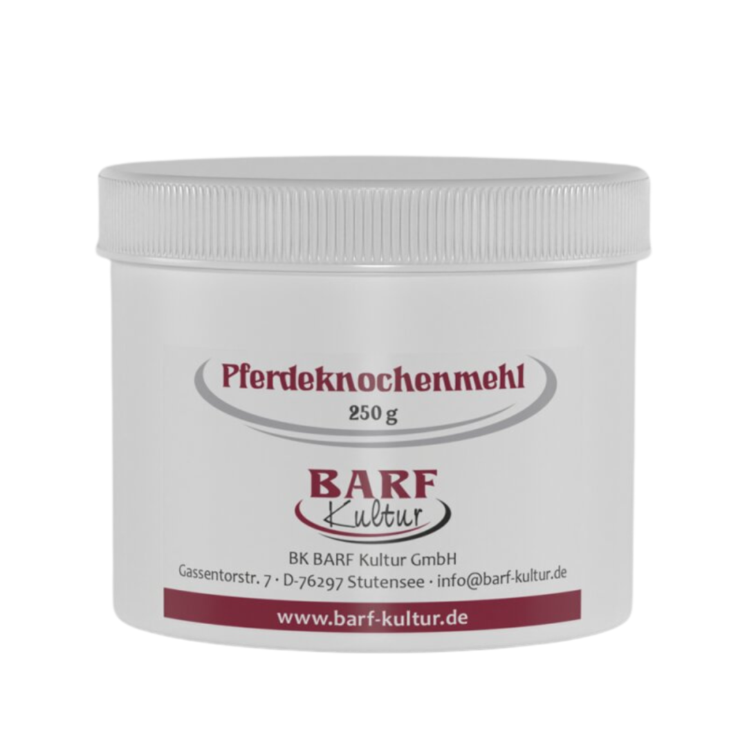 Runder Behälter mit weißem Deckel, beschriftet mit 'Pferdeknochenmehl 250 g' und dem Logo 'BARF Kultur'.