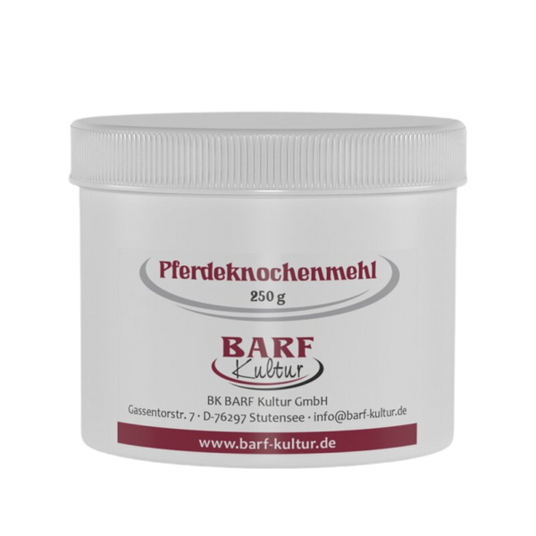 Runder Behälter mit weißem Deckel, beschriftet mit 'Pferdeknochenmehl 250 g' und dem Logo 'BARF Kultur'.