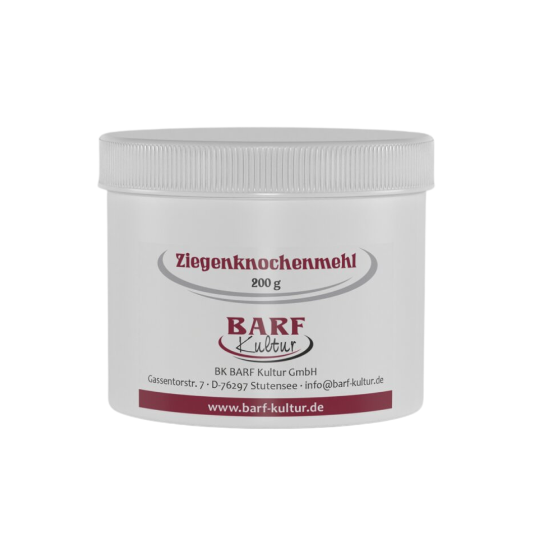 Runder Behälter mit weißem Deckel, beschriftet mit 'Ziegenknochenmehl 200 g' und dem Logo 'BARF Kultur'.