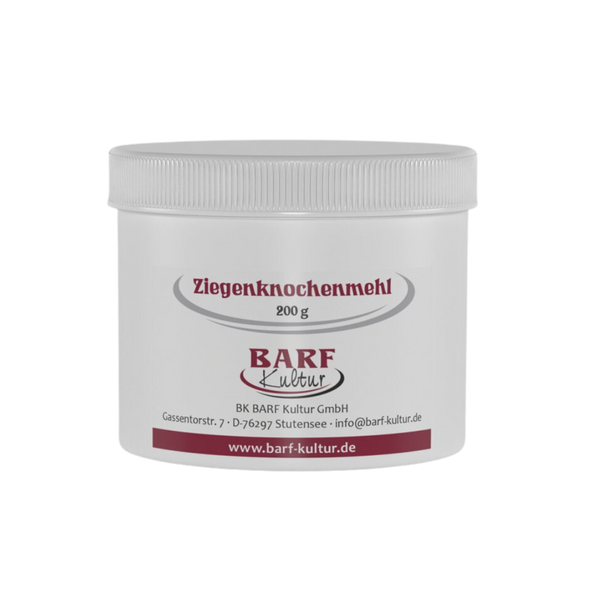 Runder Behälter mit weißem Deckel, beschriftet mit 'Ziegenknochenmehl 200 g' und dem Logo 'BARF Kultur'.
