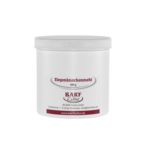 Runder Behälter mit weißem Deckel, beschriftet mit 'Ziegenknochenmehl 400 g' und dem Logo 'BARF Kultur'.