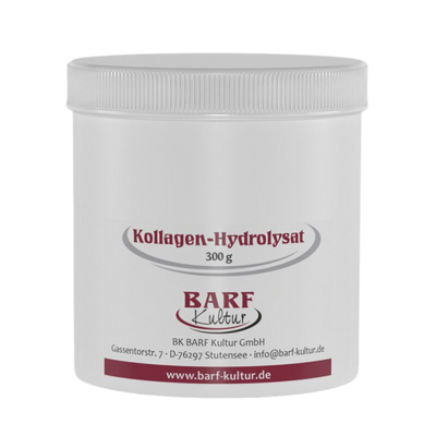 Runder, weißer Behälter mit Schraubdeckel, beschriftet mit 'Kollagen-Hydrolysat 300 g' und 'BARF Kultur'.