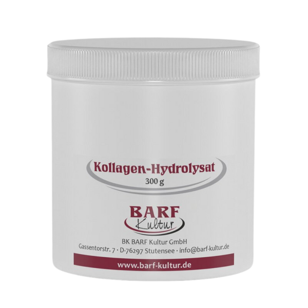 Runder, weißer Behälter mit Schraubdeckel, beschriftet mit 'Kollagen-Hydrolysat 300 g' und 'BARF Kultur'.
