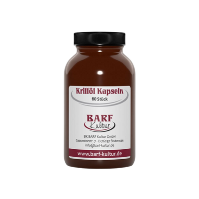 Braune Flasche mit schwarzem Deckel, beschriftet mit 'Krillöl Kapseln' und dem Logo Barf Kultur. 60 Stück 