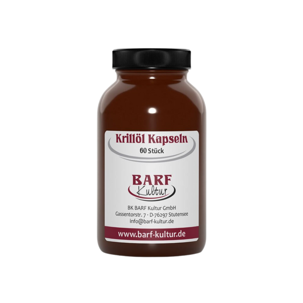 Braune Flasche mit schwarzem Deckel, beschriftet mit 'Krillöl Kapseln' und dem Logo Barf Kultur. 60 Stück 