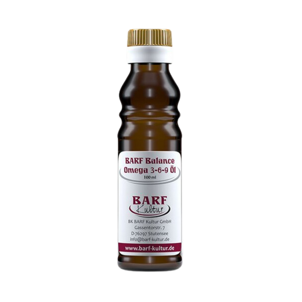 Braune Glasflasche mit Schraubverschluss, gefüllt mit 100 ml BARF Balance Omega 3-6-9 Öl. Auf dem Etikett steht 'BARF Kultur' 