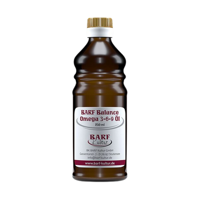 Braune Glasflasche mit Schraubverschluss, gefüllt mit 250 ml BARF Balance Omega 3-6-9 Öl. Auf dem Etikett steht 'BARF Kultur' 