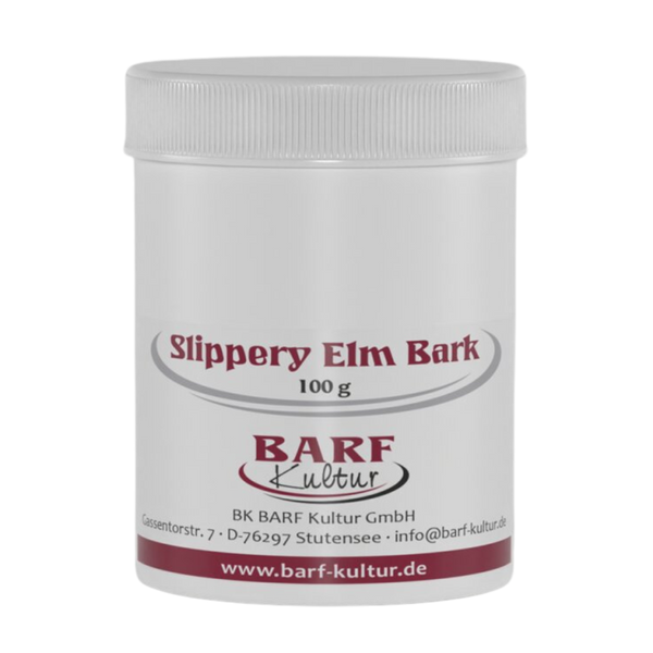 Runder Behälter mit weißem Deckel, beschriftet mit 'slippers-elm-bark 100g' und dem Logo 'BARF Kultur'. 