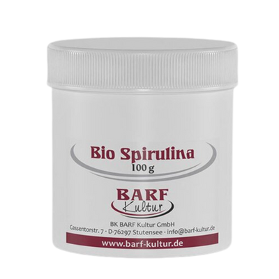 Weißer Kunststoffbehälter mit Schraubdeckel und Aufschrift 'Bio Spirulina 100 g BARF Kultur'