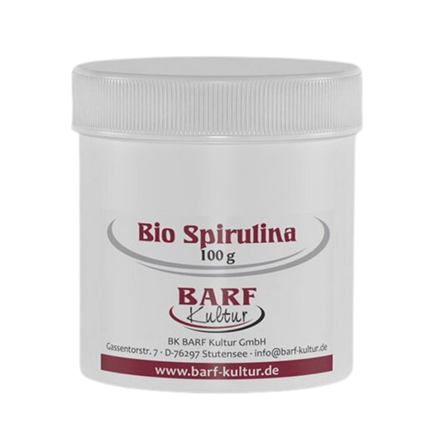 Weißer Kunststoffbehälter mit Schraubdeckel und Aufschrift 'Bio Spirulina 100 g BARF Kultur'