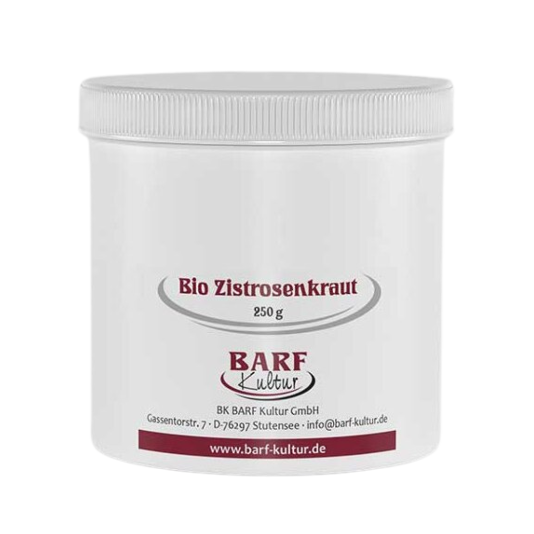 Runder Behälter mit weißem Deckel, beschriftet mit 'zitrosenkraut 250 g' und dem Logo 'BARF Kultur'. 