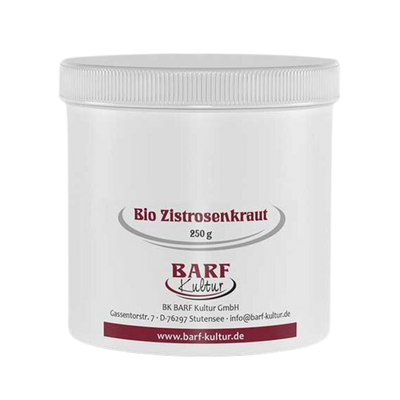 Runder Behälter mit weißem Deckel, beschriftet mit 'zitrosenkraut 250 g' und dem Logo 'BARF Kultur'. 