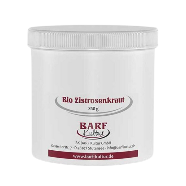 Runder Behälter mit weißem Deckel, beschriftet mit 'zitrosenkraut 250 g' und dem Logo 'BARF Kultur'. 