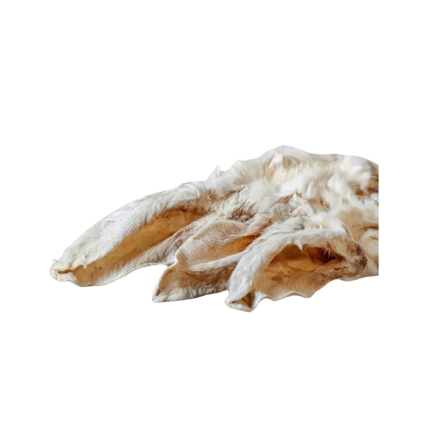 Kaninchenohren mit Fell in einer natürlichen Form, leicht gebogen, auf einem weißen Hintergrund. Verpackungsgröße: 100g. Marke: Barfgold.