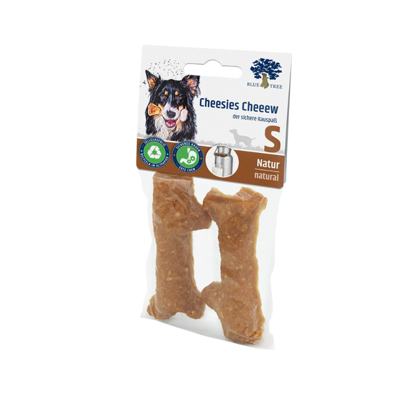 Cheesies Cheeew Hundesnack Größe S, naturbelassen, zwei Kaustangen im Beutel mit Hundemotiv.