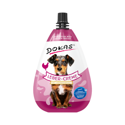 Verpackung von 'DOKAS LEBER-CREME mit Hühnerbrust', in Form einer Flasche mit einem schwarzen Deckel und einem Hund auf der Vorderseite.