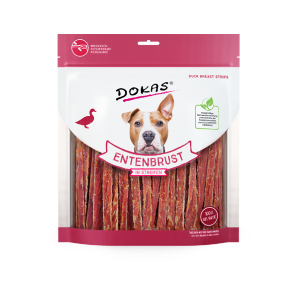 Verpackung von DOKAS Entenbrust in Streifen für Hunde. Die Tüte zeigt einen Hund mit braunem Fell und einem weißen Fleck auf der Brust. Auf der Vorderseite steht 'DOKAS' und 'ENTENBRUST'