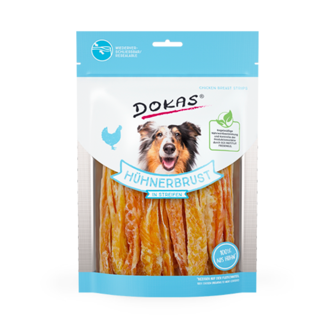 Dokas Hühnerbrust in Streifen – natürlicher Hundesnack, frei von Farb- und Konservierungsstoffen. Ergänzungsfuttermittel für Hunde, erhältlich in 250 g und 500 g.