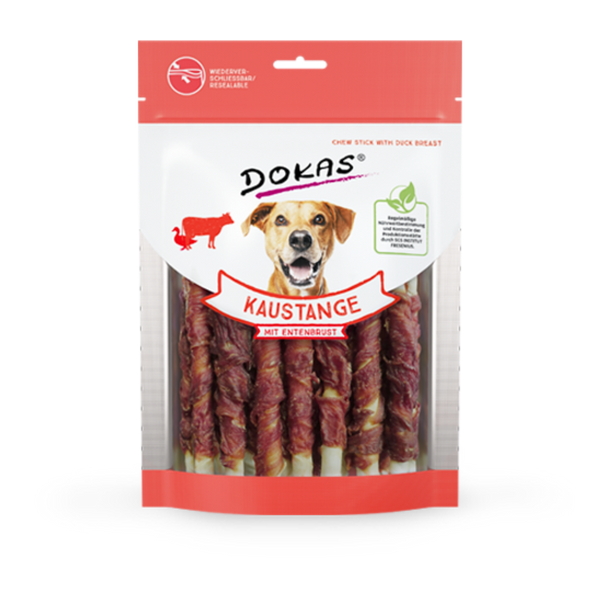 DOKAS Kaustange mit Entenbrust – Hundesnack aus Rinderhaut umhüllt von Entenbrustfilet, als Ergänzungsfuttermittel. Erhältlich in 200 g.