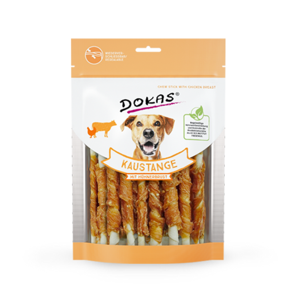 DOKAS Kaustange mit Hühnerbrust – Hundesnack aus Rinderhaut umhüllt von Hühnerbrustfilet, als Ergänzungsfuttermittel. Erhältlich in 200 g.